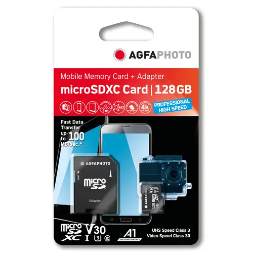 AgfaPhoto 128GB microSDXC-Karte inkl. Adapter UHS-I C10/U3/V30/A1 95/100MB/s