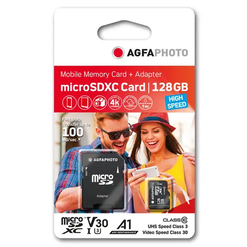 AgfaPhoto 128GB microSDXC-Karte Class10 inkl. SD-Adapter, V30, U3, A1, 50/100MBs