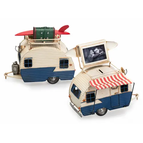 KPH Wohnwagen blau, 23x19x13,5 cm Deko- Rahmen aus Metall, Spardose