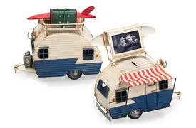 KPH Wohnwagen blau, 23x19x13,5 cm Deko- Rahmen aus Metall, Spardose